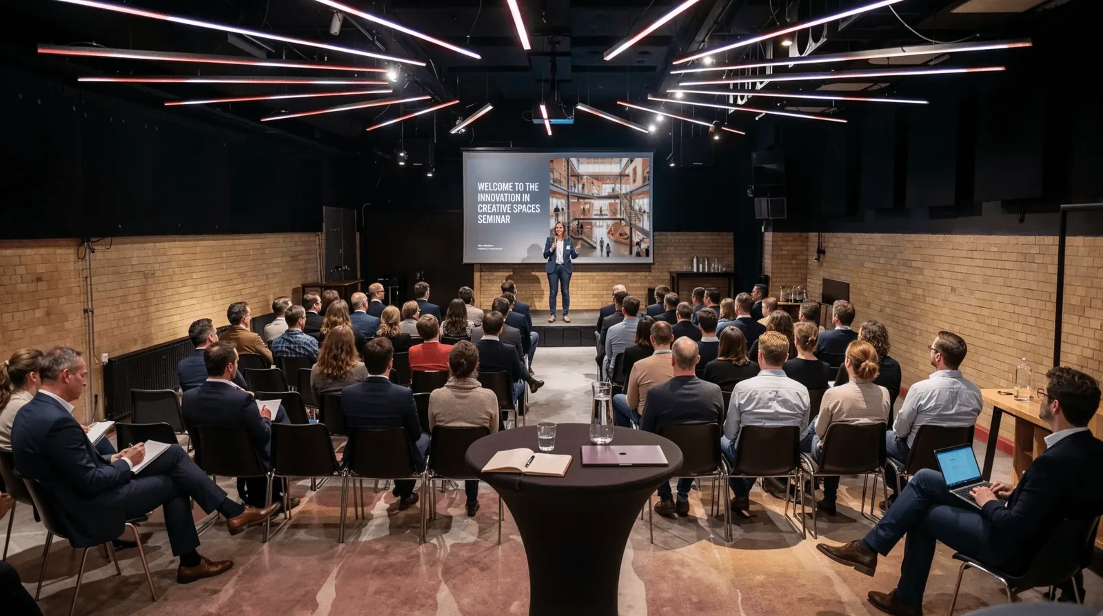 A seminar in the club room: the audience seated theatre-style and a speaker in front of the screen.