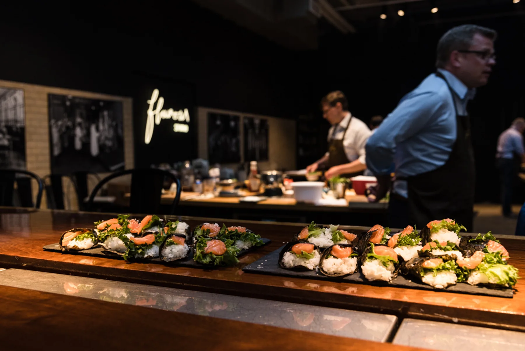 Street food plates on the counter.
