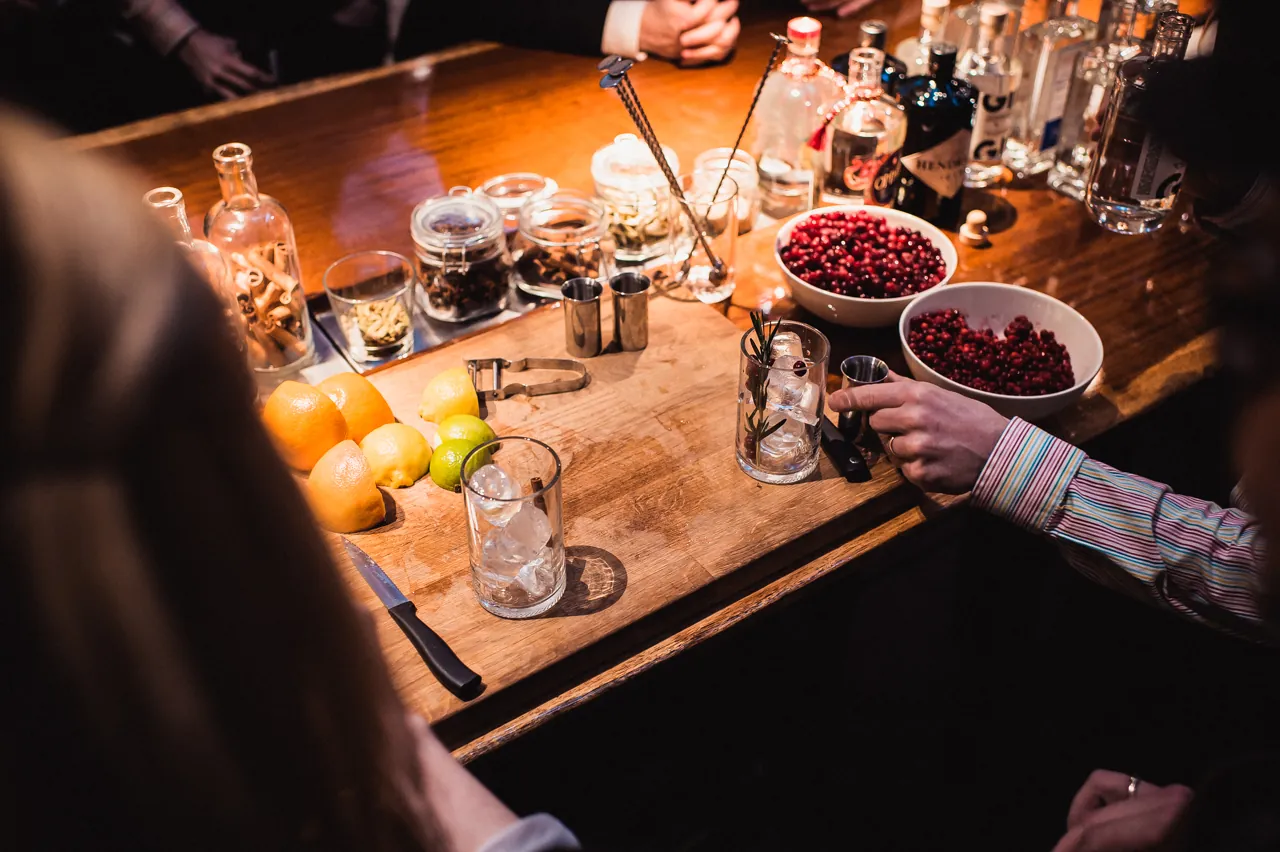 Cocktail ingredients on the bar counter.